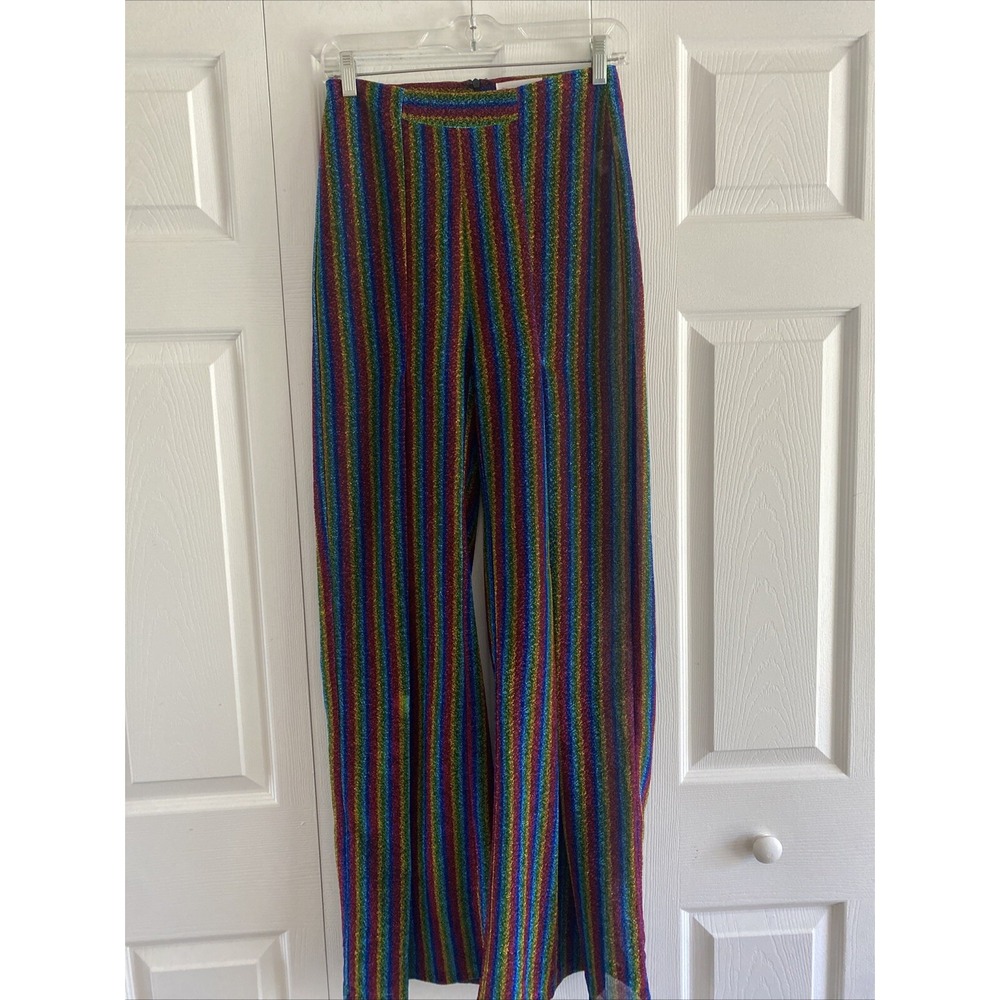 L'ATISTE Rainbow Metallic Striped Wide Leg Pants Womens Size S Disco Festival